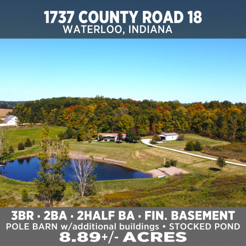 Charming!!! Three bedroom home with basement—nestled on 8.89+/- Acres - with woods, pond, pole barn, additional outbuildings!!